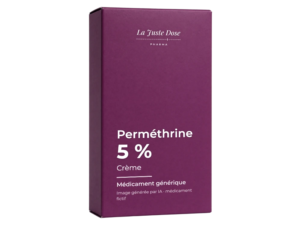 Boîte illustrative de Perméthrine, médicament générique fictif aux couleurs de La Juste Dose. Image générée par IA.