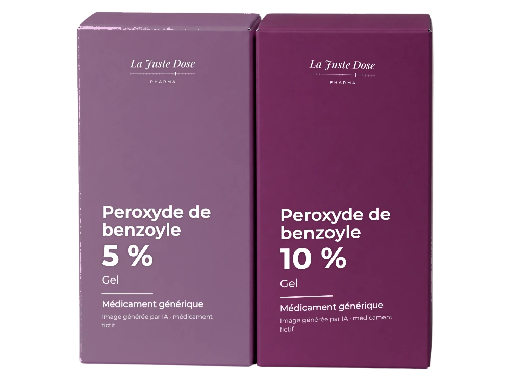 Boîte illustrative de Peroxyde de benzoyle, médicament générique fictif aux couleurs de La Juste Dose. Image générée par IA.