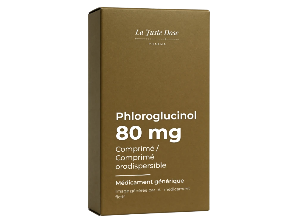 Boîte illustrative de Phloroglucinol, médicament générique fictif aux couleurs de La Juste Dose. Image générée par IA.