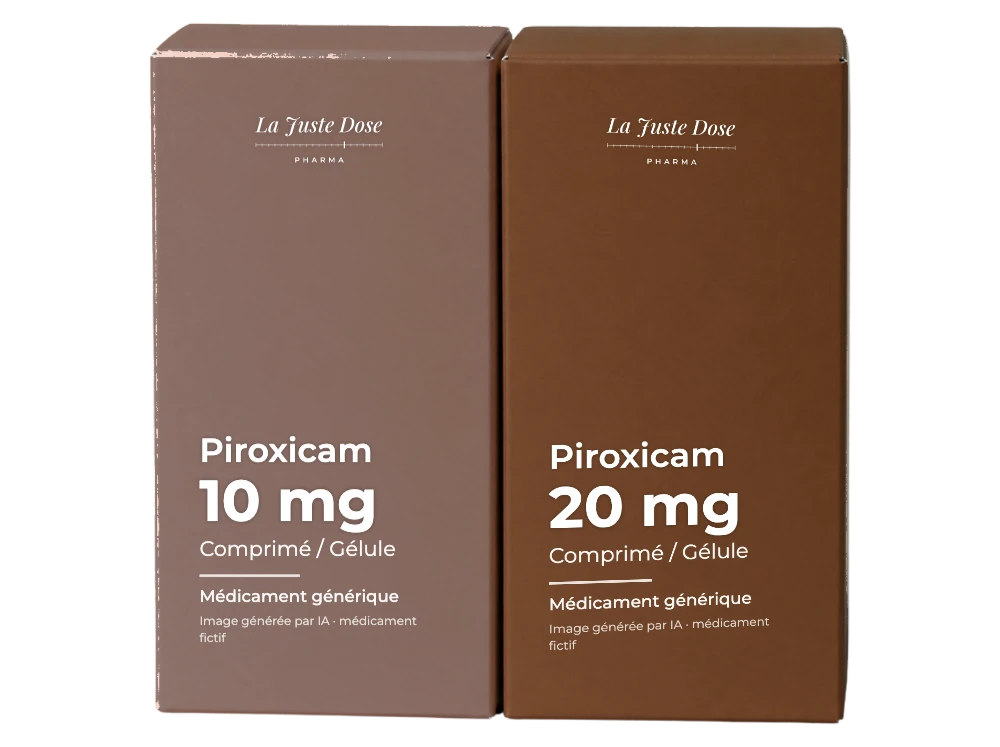 Boîte illustrative de Piroxicam, médicament générique fictif aux couleurs de La Juste Dose. Image générée par IA.