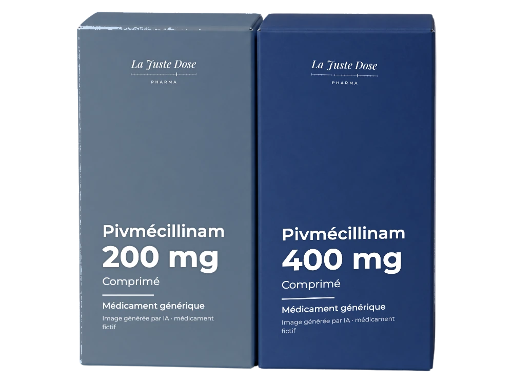 Boîte illustrative de Pivmécillinam, médicament générique fictif aux couleurs de La Juste Dose. Image générée par IA.