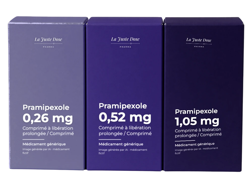 Boîte illustrative de Pramipexole, médicament générique fictif aux couleurs de La Juste Dose. Image générée par IA.