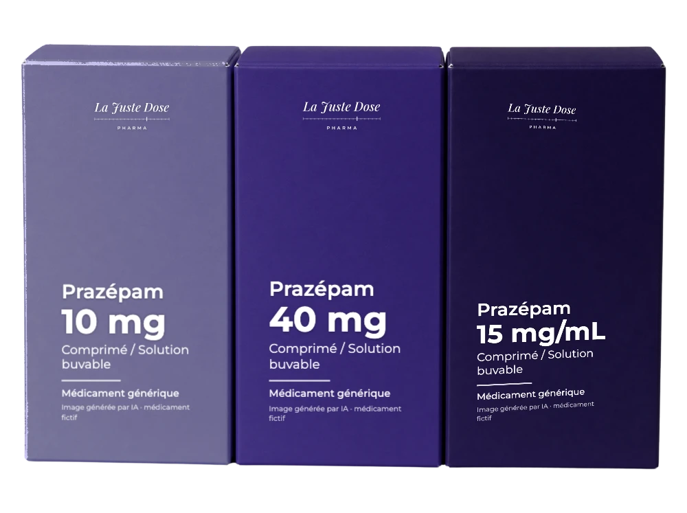 Boîte illustrative de Prazépam, médicament générique fictif aux couleurs de La Juste Dose. Image générée par IA.
