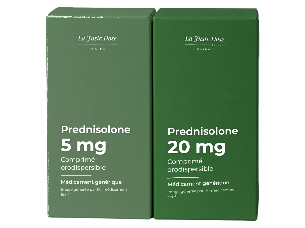 Boîte illustrative de Prednisolone, médicament générique fictif aux couleurs de La Juste Dose. Image générée par IA.