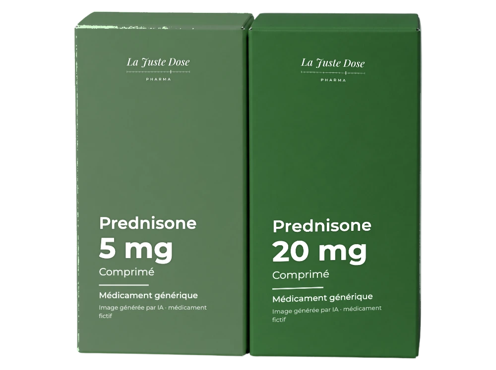 Boîte illustrative de Prednisone, médicament générique fictif aux couleurs de La Juste Dose. Image générée par IA.