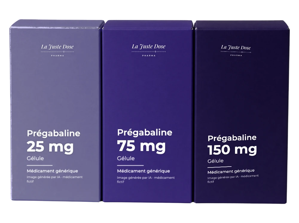 Boîte illustrative de Prégabaline, médicament générique fictif aux couleurs de La Juste Dose. Image générée par IA.