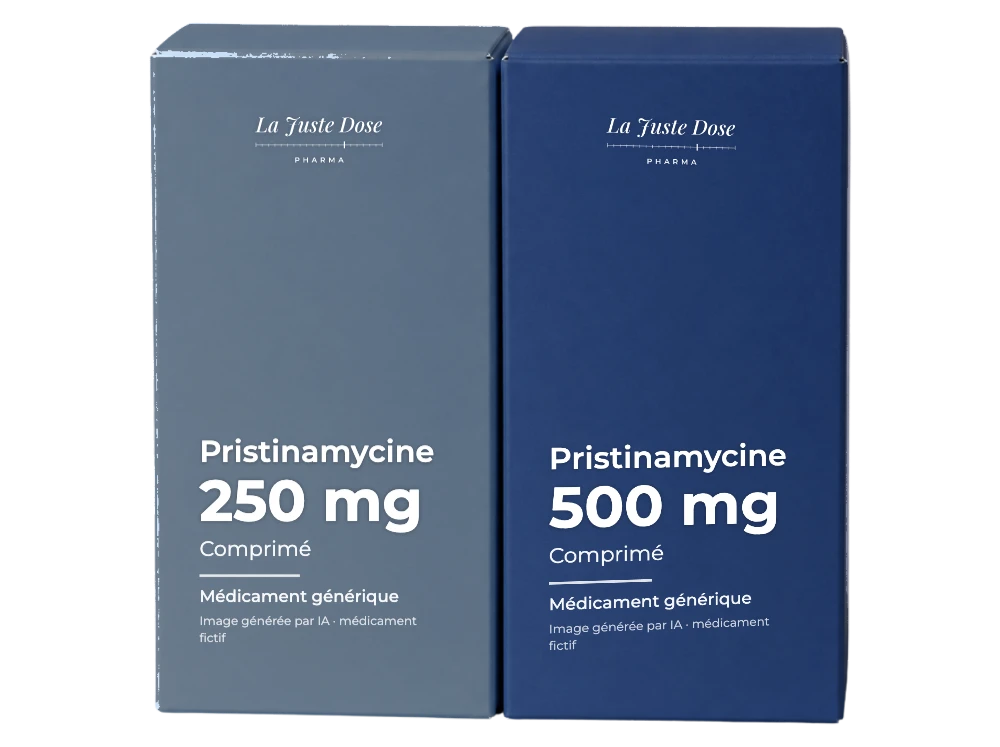 Boîte illustrative de Pristinamycine, médicament générique fictif aux couleurs de La Juste Dose. Image générée par IA.
