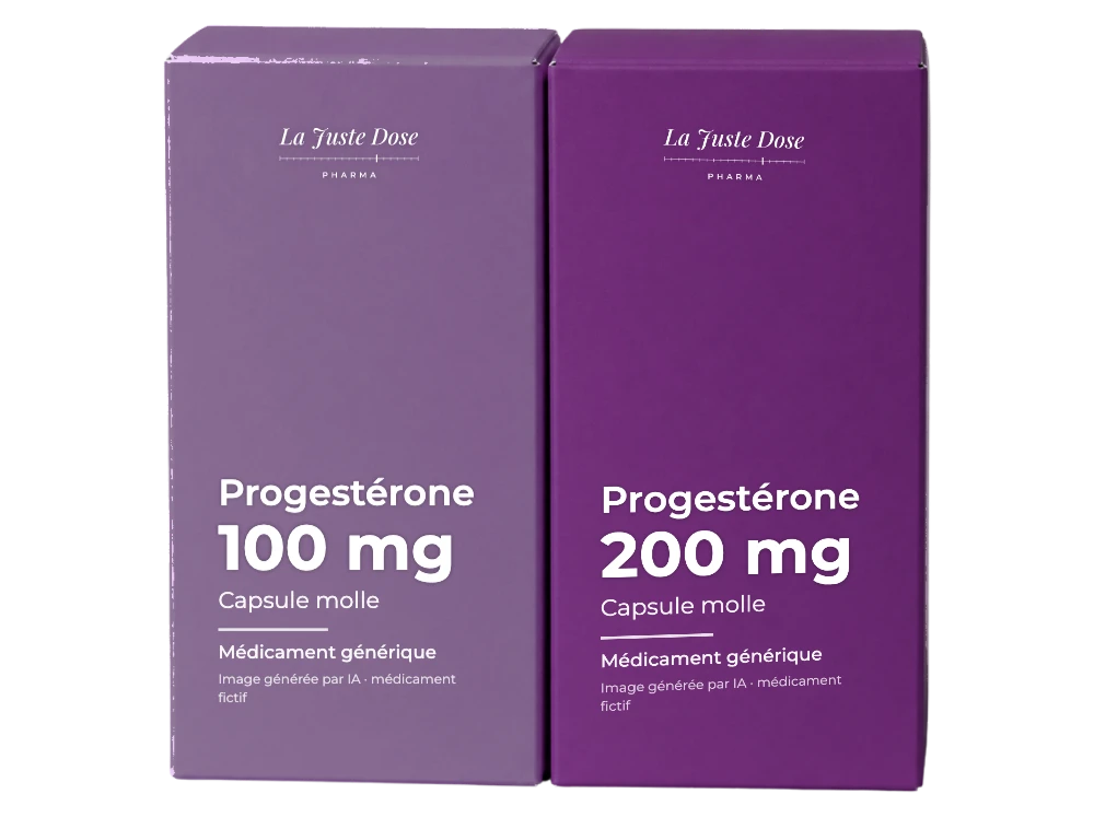 Boîte illustrative de Progestérone, médicament générique fictif aux couleurs de La Juste Dose. Image générée par IA.