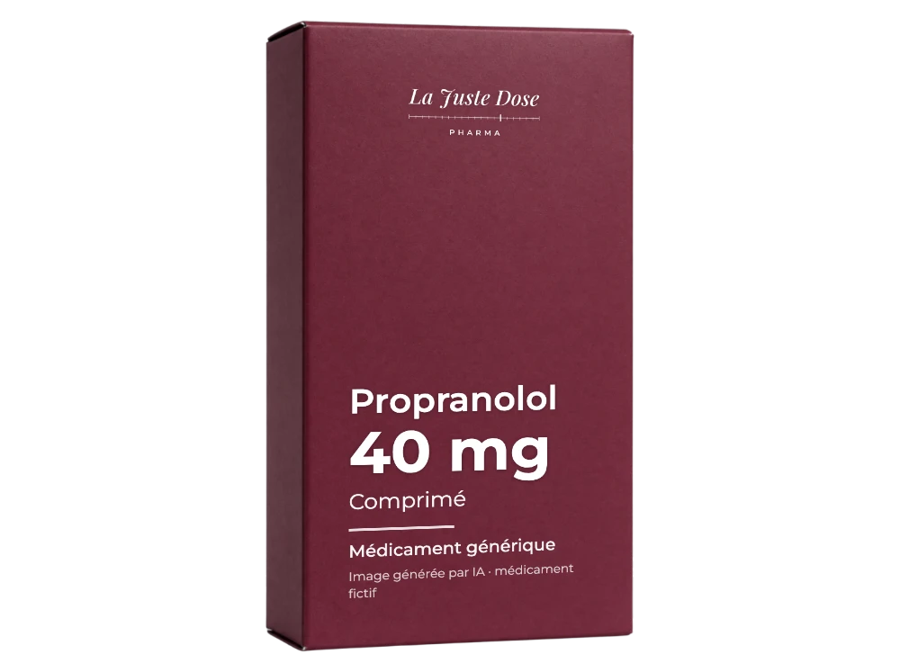 Boîte illustrative de Propranolol, médicament générique fictif aux couleurs de La Juste Dose. Image générée par IA.