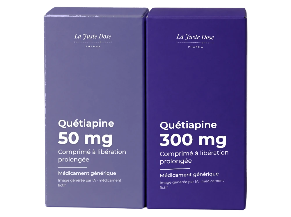 Boîte illustrative de Quétiapine, médicament générique fictif aux couleurs de La Juste Dose. Image générée par IA.