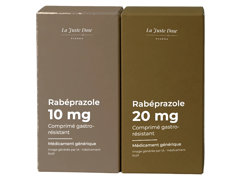 Boîte illustrative de Rabéprazole, médicament générique fictif aux couleurs de La Juste Dose. Image générée par IA.