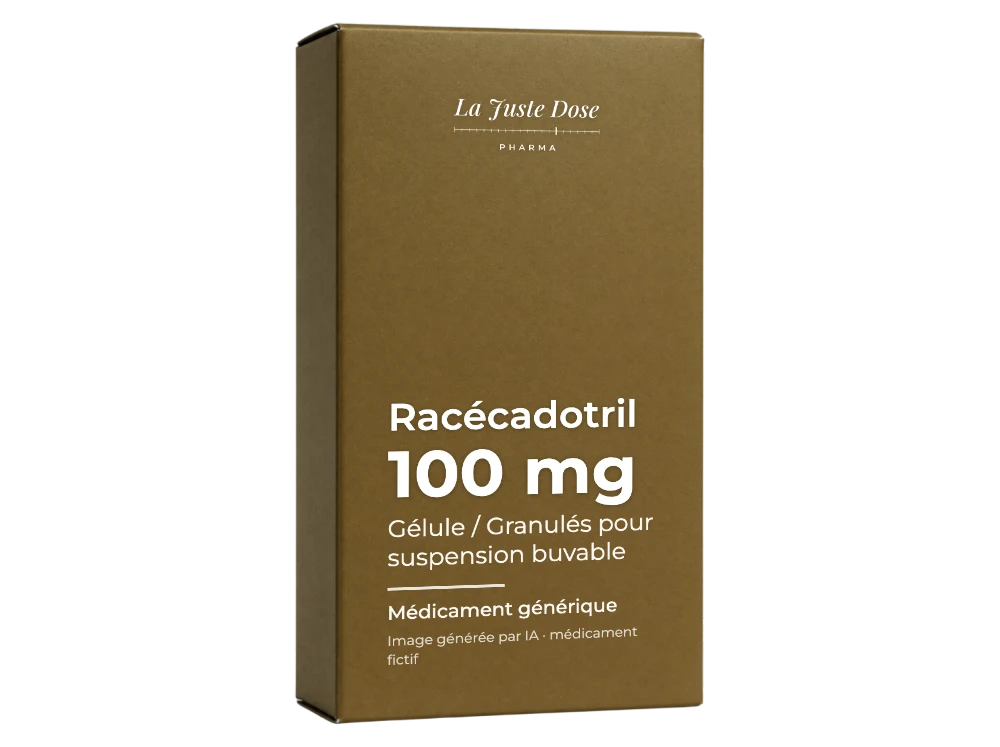 Boîte illustrative de Racécadotril, médicament générique fictif aux couleurs de La Juste Dose. Image générée par IA.
