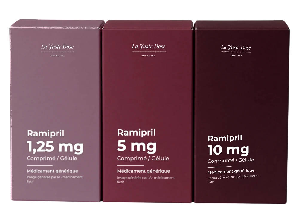 Boîte illustrative de Ramipril, médicament générique fictif aux couleurs de La Juste Dose. Image générée par IA.