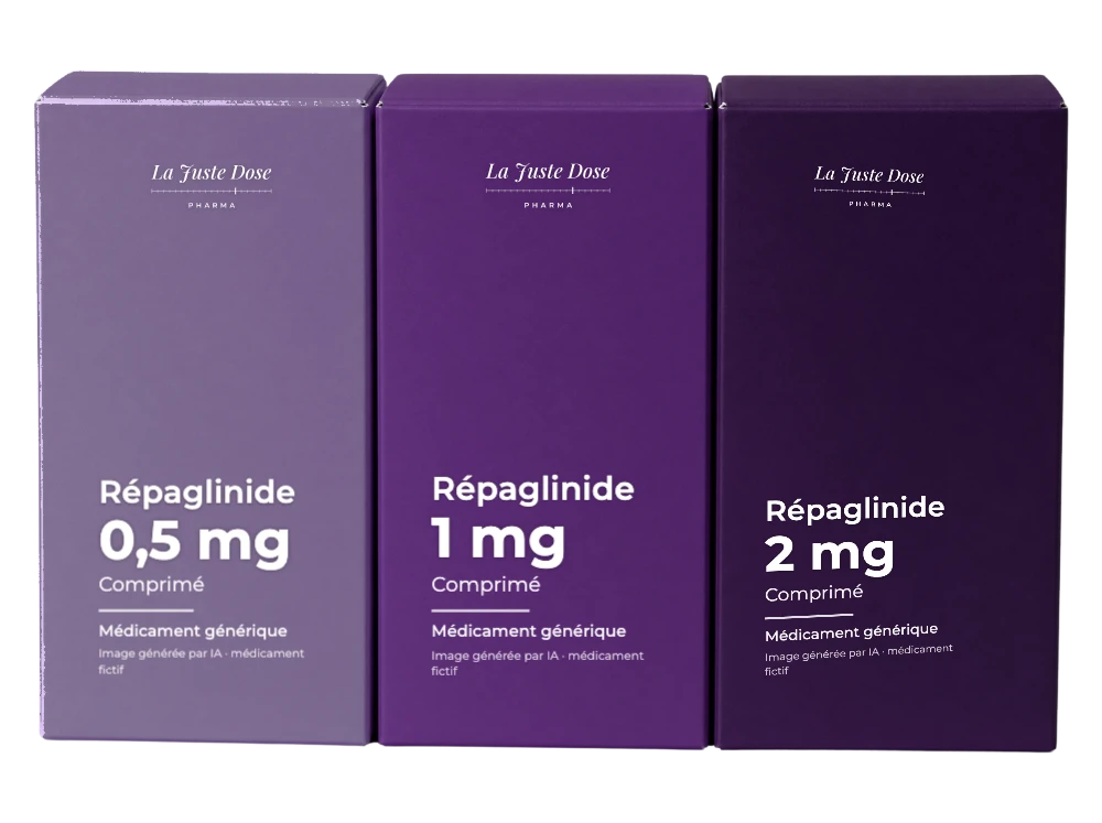 Boîte illustrative de Répaglinide, médicament générique fictif aux couleurs de La Juste Dose. Image générée par IA.