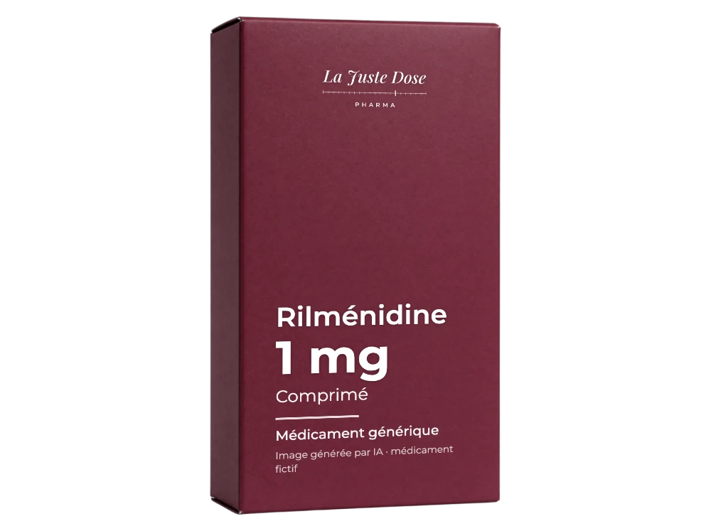 Boîte illustrative de Rilménidine, médicament générique fictif aux couleurs de La Juste Dose. Image générée par IA.
