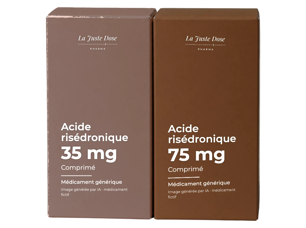 Boîte illustrative de Acide risédronique, médicament générique fictif aux couleurs de La Juste Dose. Image générée par IA.