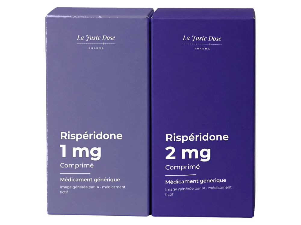 Boîte illustrative de Rispéridone, médicament générique fictif aux couleurs de La Juste Dose. Image générée par IA.