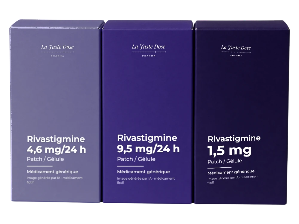 Boîte illustrative de Rivastigmine, médicament générique fictif aux couleurs de La Juste Dose. Image générée par IA.