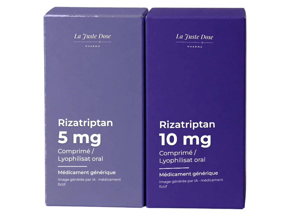 Boîte illustrative de Rizatriptan, médicament générique fictif aux couleurs de La Juste Dose. Image générée par IA.