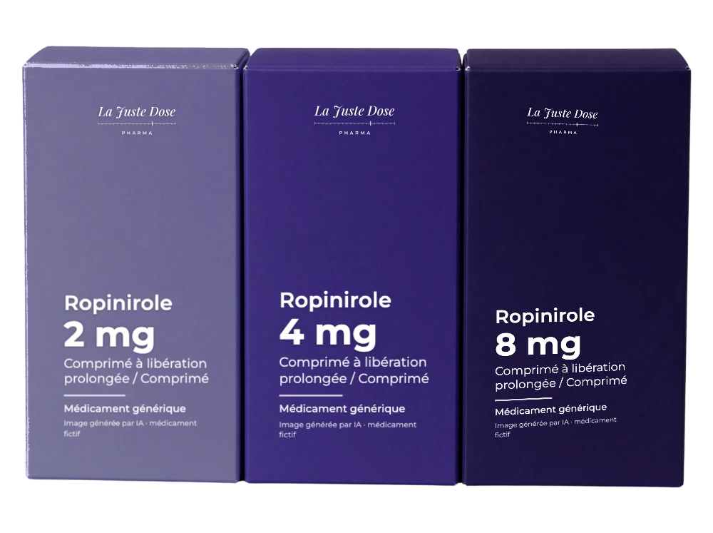 Boîte illustrative de Ropinirole, médicament générique fictif aux couleurs de La Juste Dose. Image générée par IA.