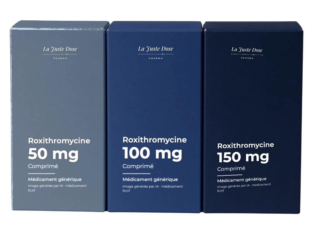 Boîte illustrative de Roxithromycine, médicament générique fictif aux couleurs de La Juste Dose. Image générée par IA.