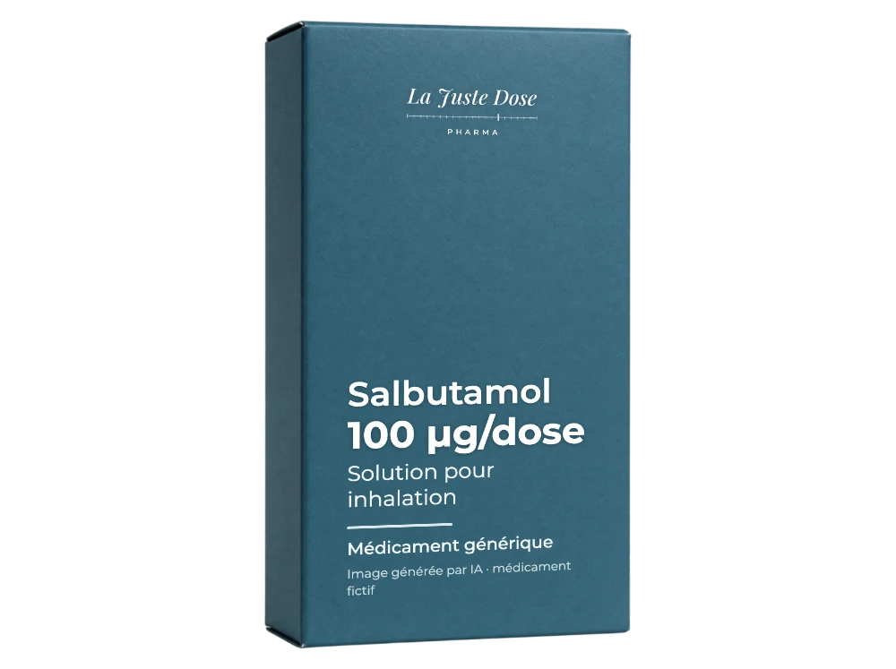 Boîte illustrative de Salbutamol, médicament générique fictif aux couleurs de La Juste Dose. Image générée par IA.