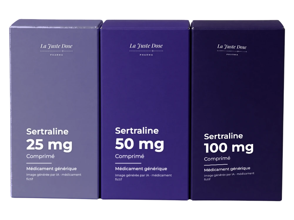 Boîte illustrative de Sertraline, médicament générique fictif aux couleurs de La Juste Dose. Image générée par IA.