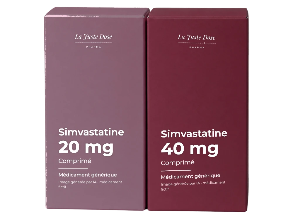 Boîte illustrative de Simvastatine, médicament générique fictif aux couleurs de La Juste Dose. Image générée par IA.