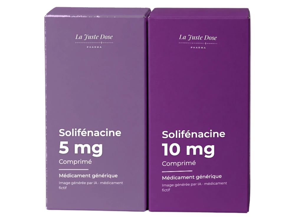 Boîte illustrative de Solifénacine, médicament générique fictif aux couleurs de La Juste Dose. Image générée par IA.