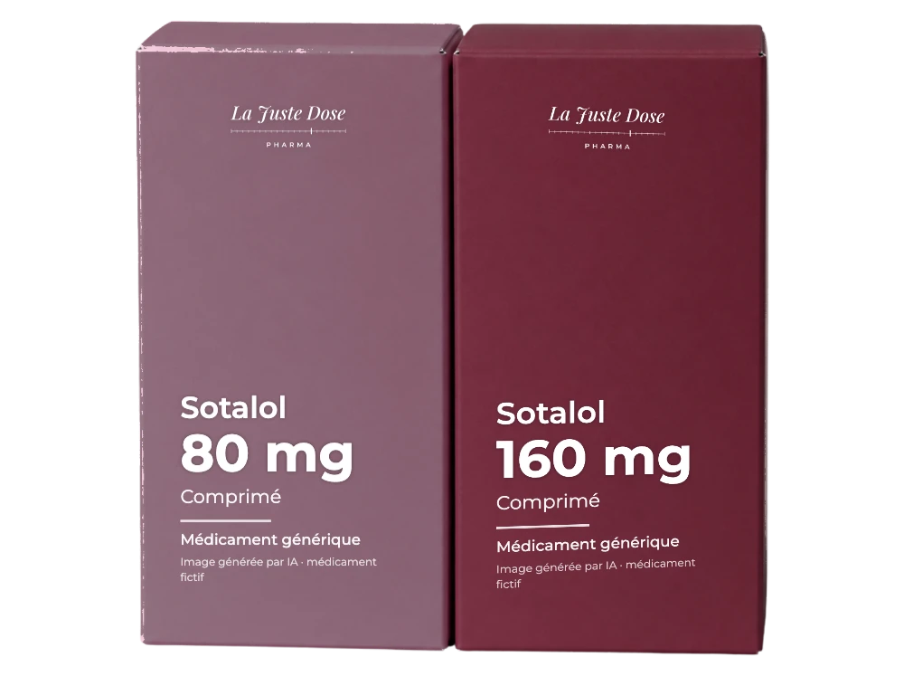 Boîte illustrative de Sotalol, médicament générique fictif aux couleurs de La Juste Dose. Image générée par IA.