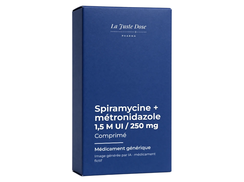 Boîte illustrative de Spiramycine + métronidazole, médicament générique fictif aux couleurs de La Juste Dose. Image générée par IA.