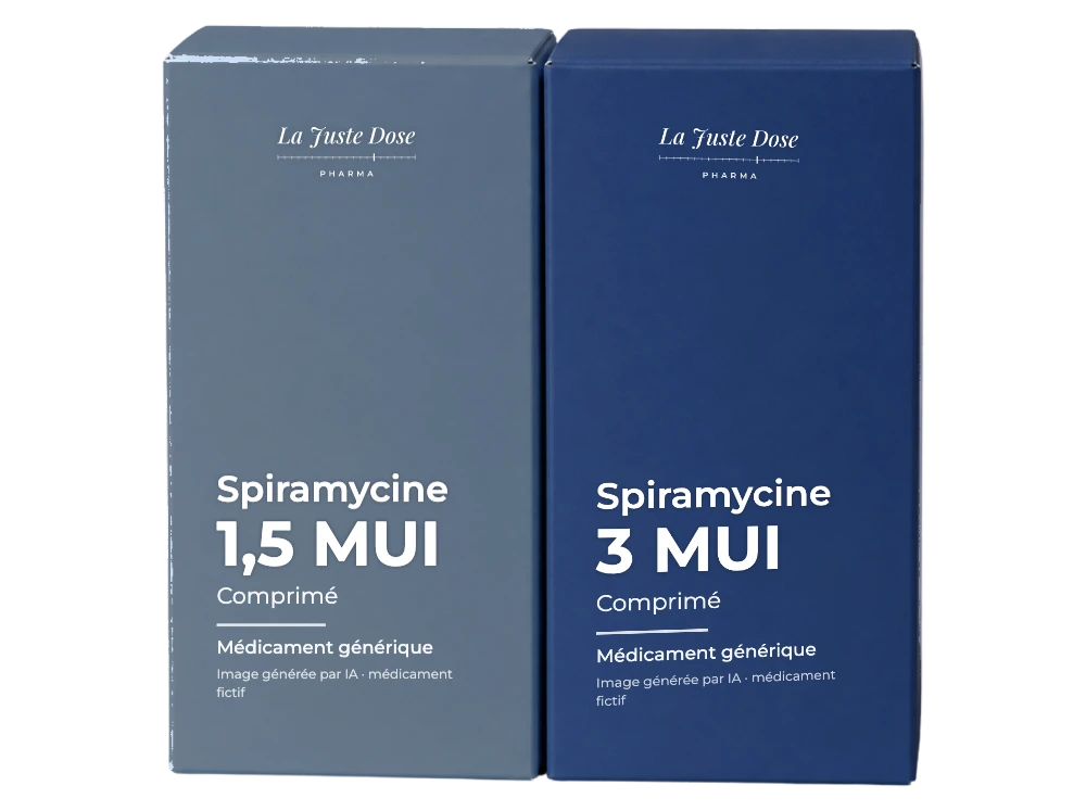 Boîte illustrative de Spiramycine, médicament générique fictif aux couleurs de La Juste Dose. Image générée par IA.
