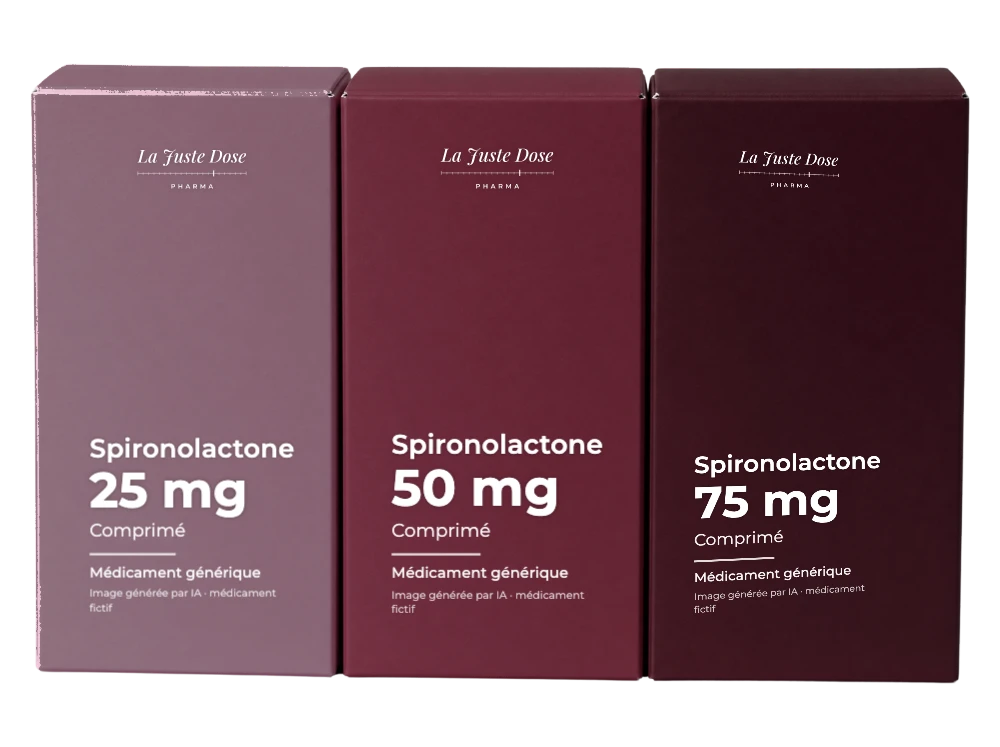 Boîte illustrative de Spironolactone, médicament générique fictif aux couleurs de La Juste Dose. Image générée par IA.