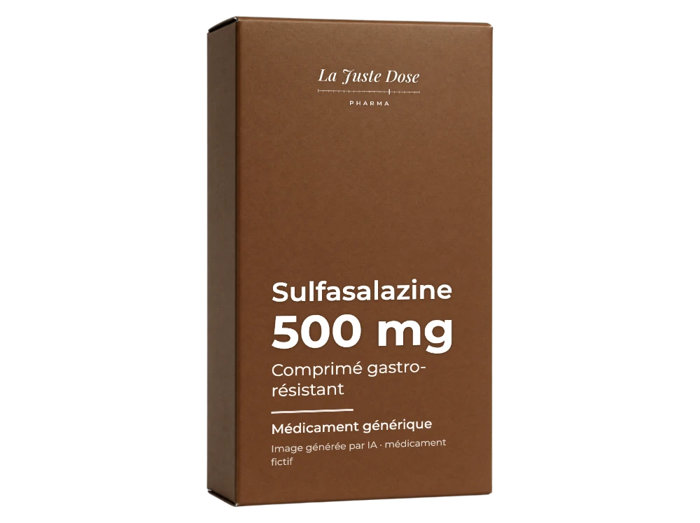 Boîte illustrative de Sulfasalazine, médicament générique fictif aux couleurs de La Juste Dose. Image générée par IA.