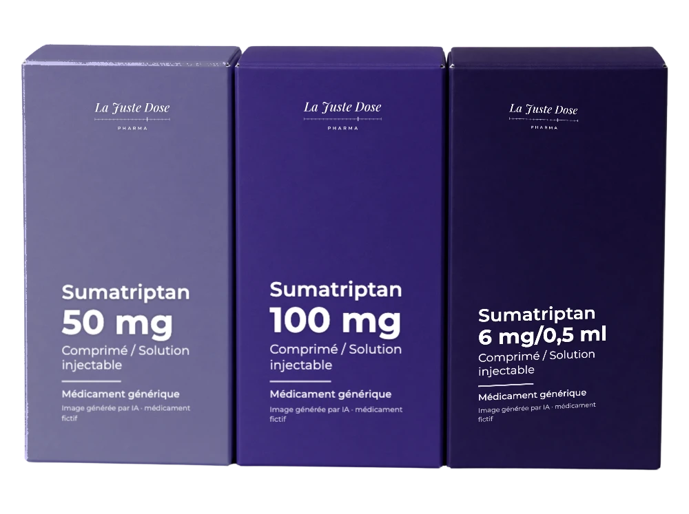 Boîte illustrative de Sumatriptan, médicament générique fictif aux couleurs de La Juste Dose. Image générée par IA.