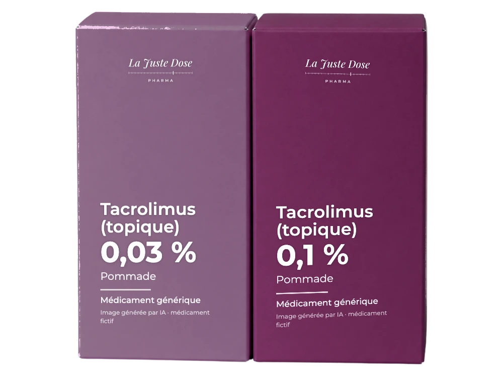 Boîte illustrative de Tacrolimus (topique), médicament générique fictif aux couleurs de La Juste Dose. Image générée par IA.