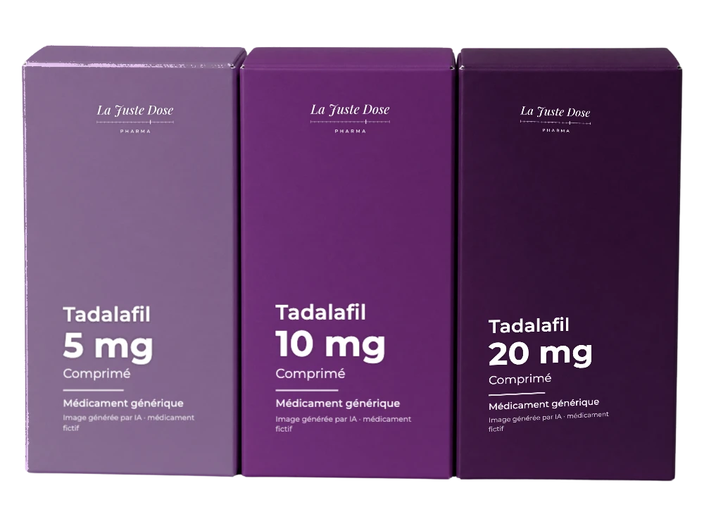 Boîte illustrative de Tadalafil, médicament générique fictif aux couleurs de La Juste Dose. Image générée par IA.