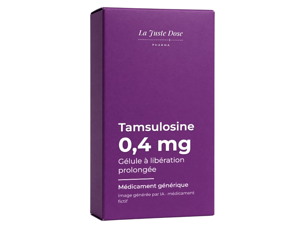 Boîte illustrative de Tamsulosine, médicament générique fictif aux couleurs de La Juste Dose. Image générée par IA.