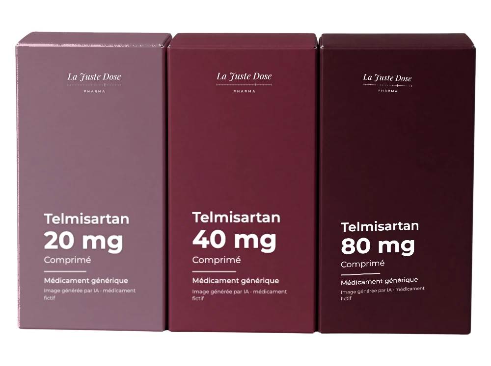 Boîte illustrative de Telmisartan, médicament générique fictif aux couleurs de La Juste Dose. Image générée par IA.