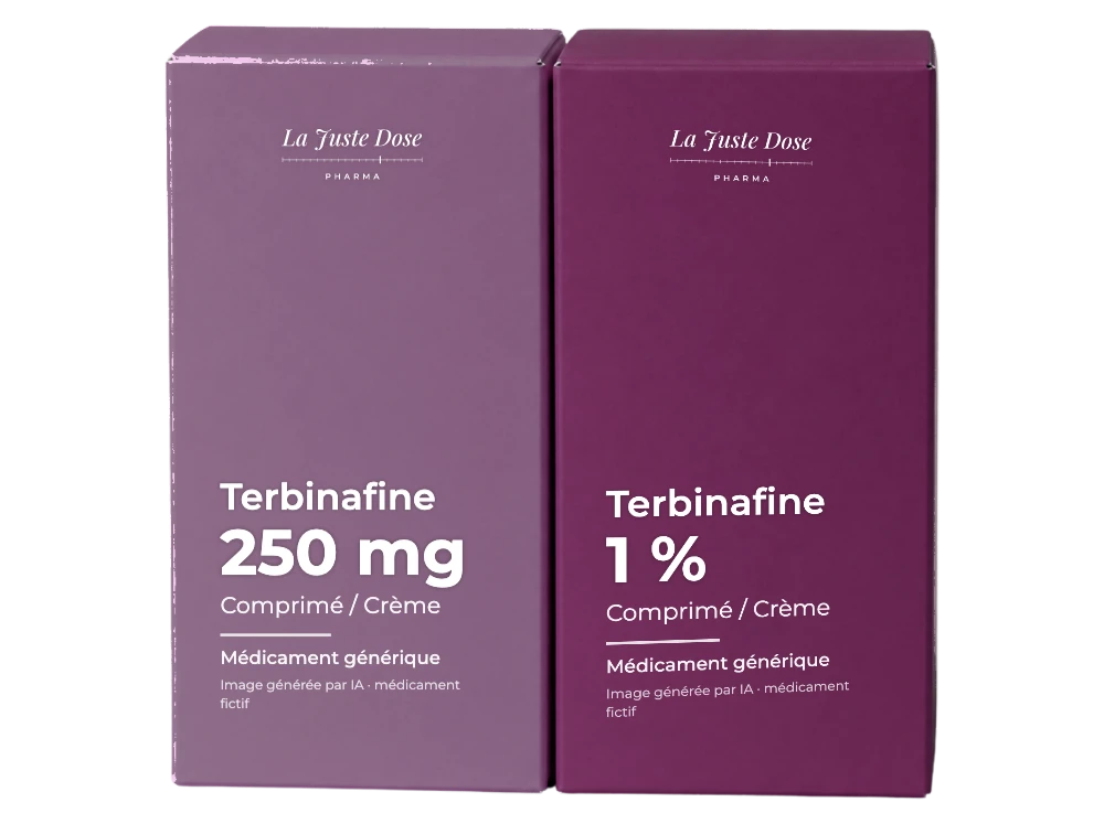 Boîte illustrative de Terbinafine, médicament générique fictif aux couleurs de La Juste Dose. Image générée par IA.