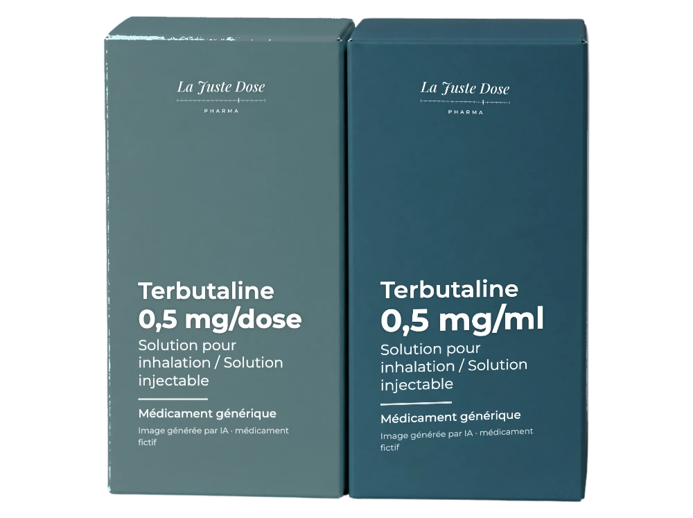 Boîte illustrative de Terbutaline, médicament générique fictif aux couleurs de La Juste Dose. Image générée par IA.