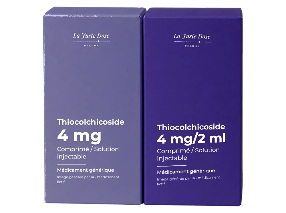 Boîte illustrative de Thiocolchicoside, médicament générique fictif aux couleurs de La Juste Dose. Image générée par IA.