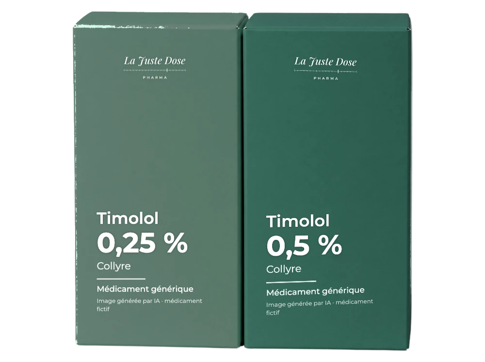 Boîte illustrative de Timolol, médicament générique fictif aux couleurs de La Juste Dose. Image générée par IA.