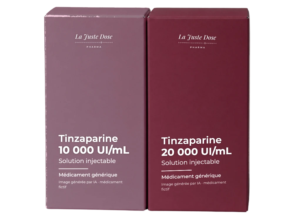 Boîte illustrative de Tinzaparine, médicament générique fictif aux couleurs de La Juste Dose. Image générée par IA.