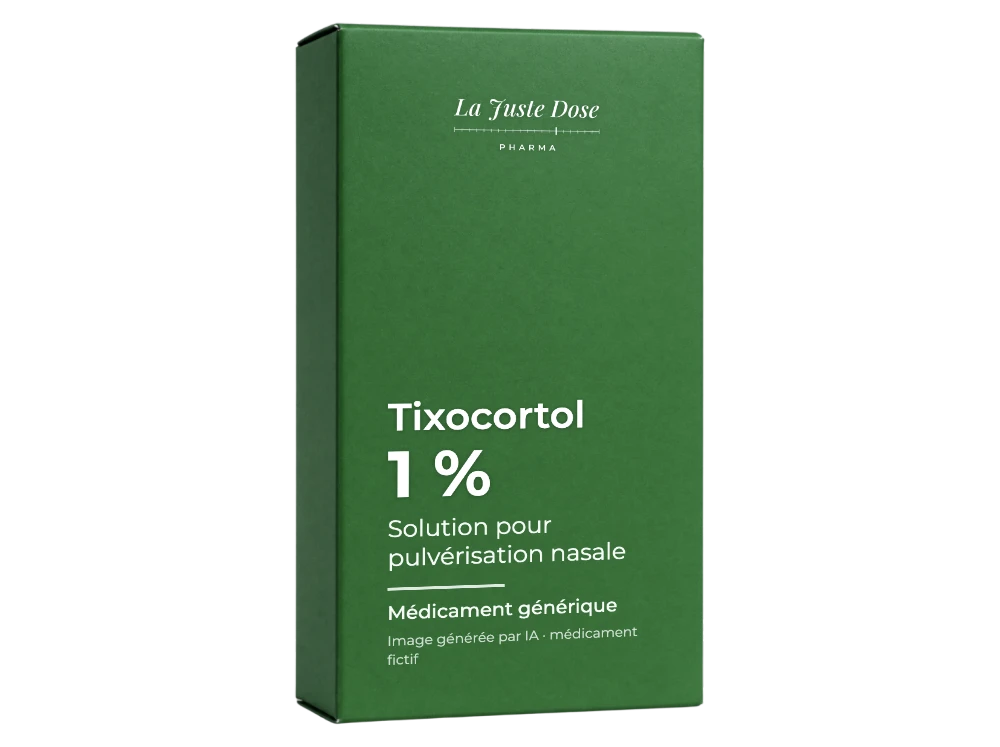 Boîte illustrative de Tixocortol, médicament générique fictif aux couleurs de La Juste Dose. Image générée par IA.