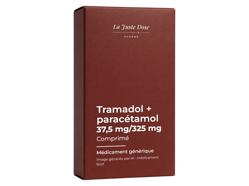 Boîte illustrative de Tramadol + paracétamol, médicament générique fictif aux couleurs de La Juste Dose. Image générée par IA.