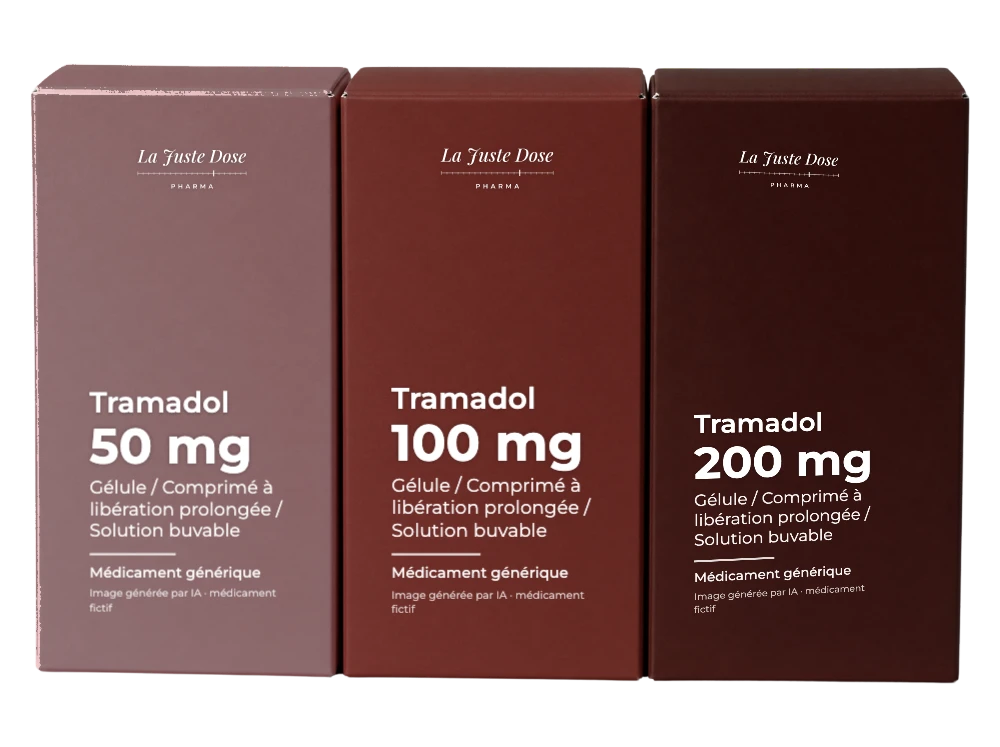 Boîte illustrative de Tramadol, médicament générique fictif aux couleurs de La Juste Dose. Image générée par IA.