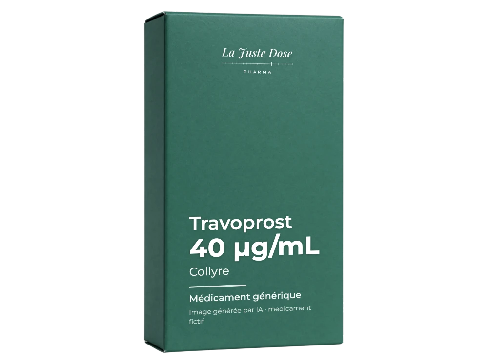Boîte illustrative de Travoprost, médicament générique fictif aux couleurs de La Juste Dose. Image générée par IA.