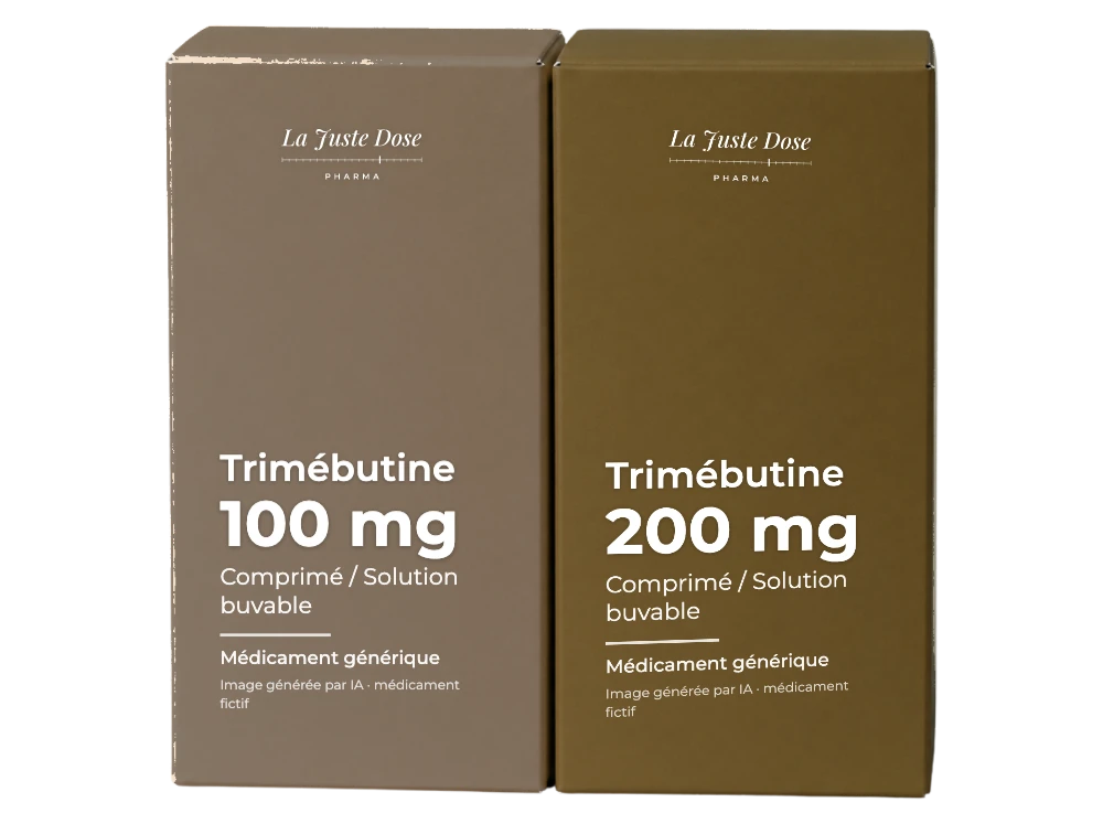 Boîte illustrative de Trimébutine, médicament générique fictif aux couleurs de La Juste Dose. Image générée par IA.