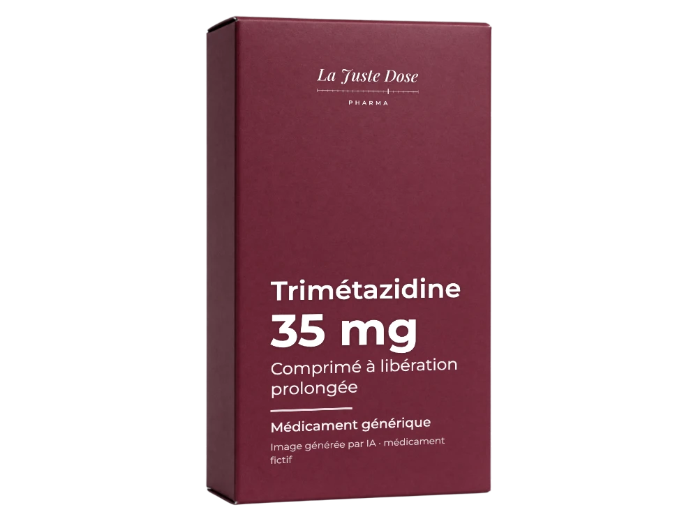 Boîte illustrative de Trimétazidine, médicament générique fictif aux couleurs de La Juste Dose. Image générée par IA.